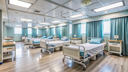 A sterile and well-equipped hospital ward with rows of beds, medical equipment, and curtains, creating a sense of calmness and professionalism for patients' care.