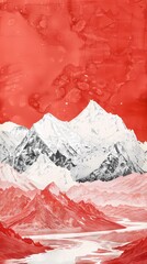 Fototapeta premium Red sky and white mountains landscape illustration poster background 