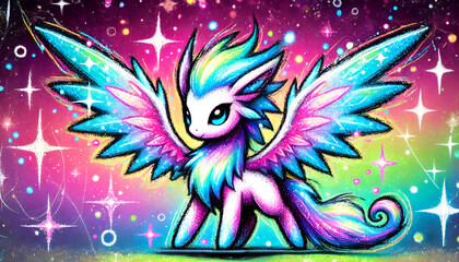 Colorful fantasy winged creature illustration with vibrant gradient background and pastel pencils 4k Wallpaper, Magical Dragon Fantasy Background, Wall Art, 4K Wallpaper, Frame TV Art