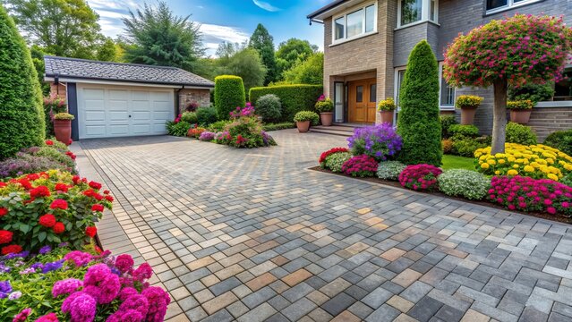 Attractive driveway or patio area featuring neatly arranged block paving stones in varying shades of gray, surrounded by lush greenery and vibrant blooming flowers.