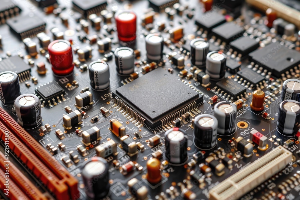 Poster close-up of a circuit board with microchip and components