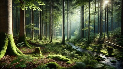 Garden in the forest nature tree trees green landscape woods path park wood spring summer leaf . Garden in the forest trail fog light environment plant foliage sun wilderness outdoor sunlight pine.