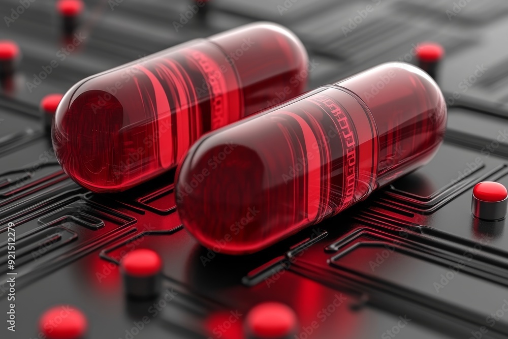 Sticker perspective view of red pills on a red high tech circuit symbolizing the pathways of medical innovat