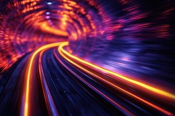 Obraz premium Futuristic glowing orange and purple light speed tunnel