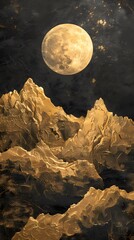 moon and golden mountain ink landscape illustration poster background