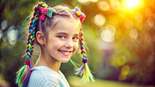 Caucasian tween with bright smile and trendy braided ponytail, adorned with colorful hair clips, posing against a blurred outdoor background with warm natural light.