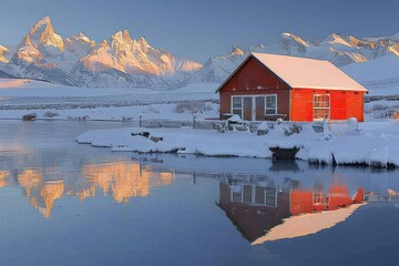 Fototapeta premium Red Cabin Reflected in a Frozen Lake, Mountain Range in the Distance