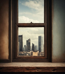 Old Wooden Windowsill Against Metropolis - Product Display Area