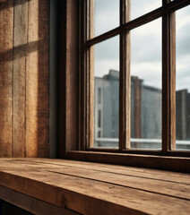 Fototapeta premium Wide Windowsill Against Buildings - Product Display Background