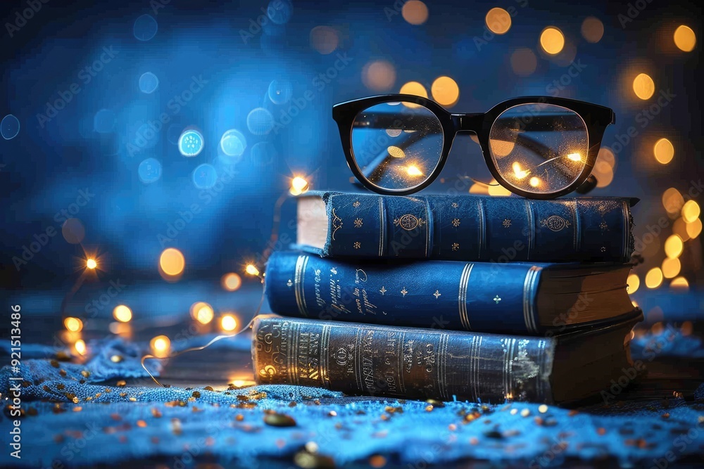 Poster stack of books with glasses and string lights in a blue ambience