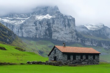 Fototapeta premium Stone Cabin Nestled in a Misty Mountain Valley