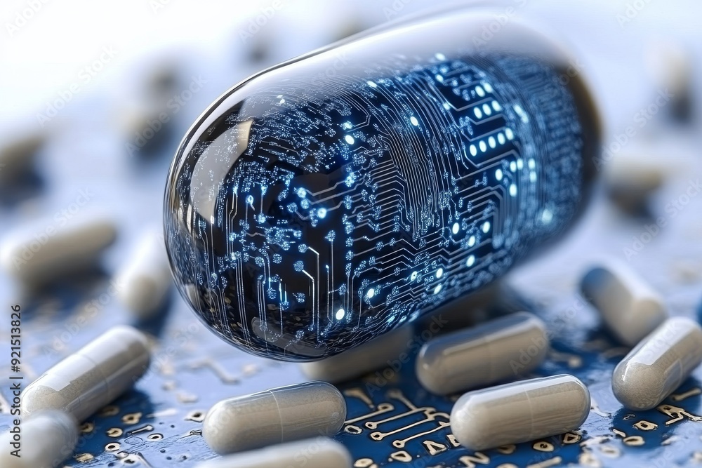Poster close up of a transparent pill with integrated circuit emphasizing the intersection of medicine and 