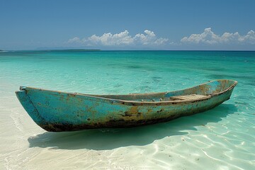 Naklejka premium Weathered Wooden Boat on a Turquoise Tropical Beach