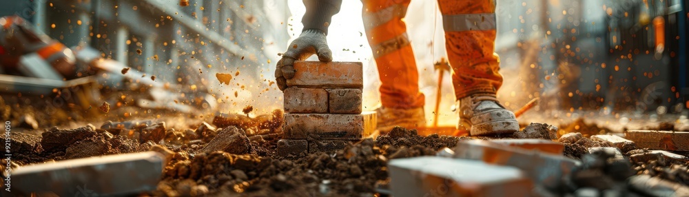 Wall mural Construction worker laying bricks at a construction site during sunset, symbolizing hard work and dedication in the building industry.