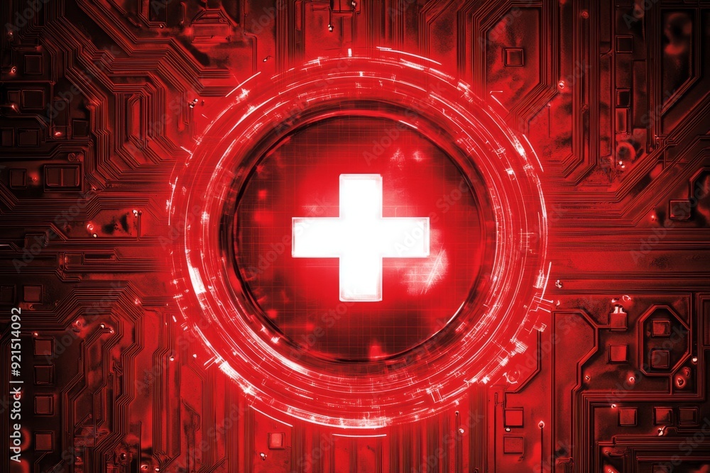 Poster futuristic medical interface with glowing red cross emphasizing advanced healthcare monitoring syste