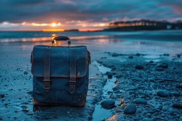 A Blue Leather Bag on a Rocky Beach at Sunset