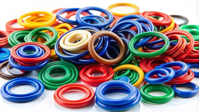 Close-up of assorted colorful rubber seals with various shapes and sizes isolated on a white background, ready for labeling and organization.