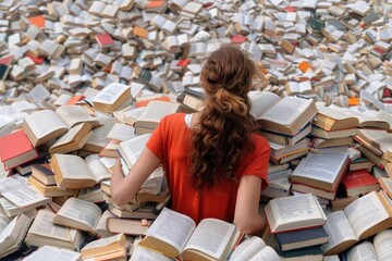 A Person Surrounded by a Massive Pile of Open Books