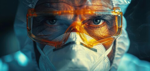 Close-up of a scientist in protective gear with intense eyes, wearing a mask and goggles, highlighting safety and focus in a laboratory setting.