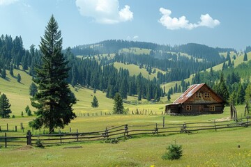 A Rustic Log Cabin nestled in a Lush Green Mountain Valley