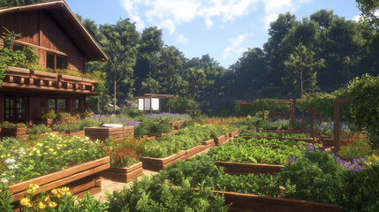 Obraz premium a land of healthy kiving, gardens and tree hosues with organic fruit trees and vegeable gardens all part of a story book, photo realistic, HDR, perfect lighting.