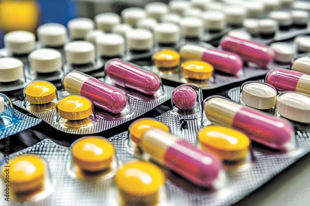 Poster vibrant display of assorted pharmaceutical pills and capsules on packaging materials emphasizing the