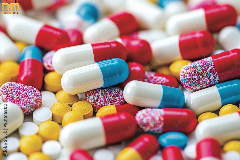 Poster colorful array of pills and capsules neatly organized emphasizing systematic approaches in pharmaceu