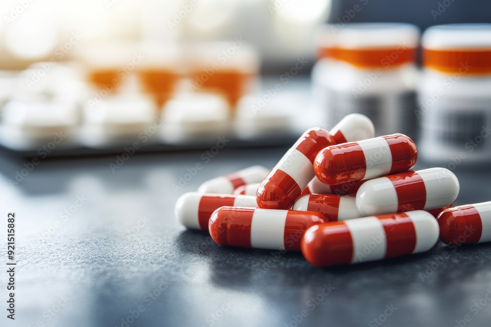 Poster red and white capsules neatly arranged on a blue background highlighting the importance of color cod