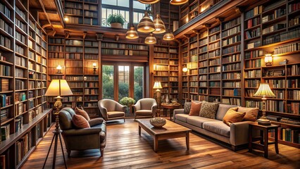 Cozy bookstore interior with floor-to-ceiling shelves stacked with novels, vintage tomes, and bestsellers, surrounded by warm lighting and comfortable reading nooks.