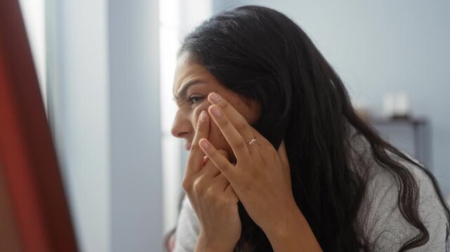 Young woman with long dark hair squeezing a pimple on her cheek in an indoor beauty salon setting