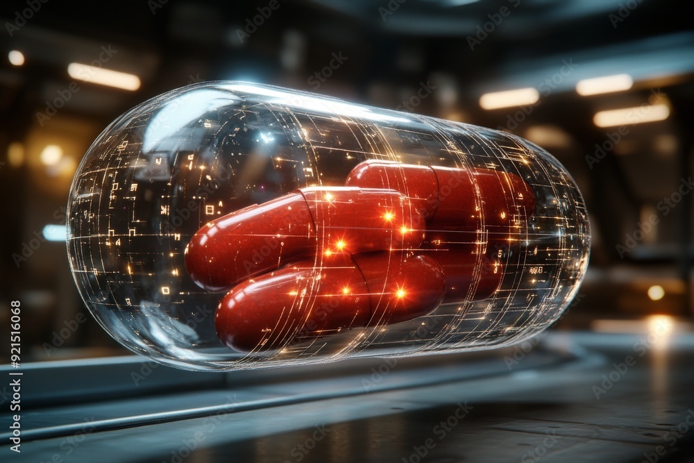 Poster red and black capsules encapsulated in a transparent bubble on a high tech background representing p