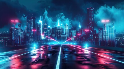 Obraz premium Neon Cityscape - Futuristic Urban Road