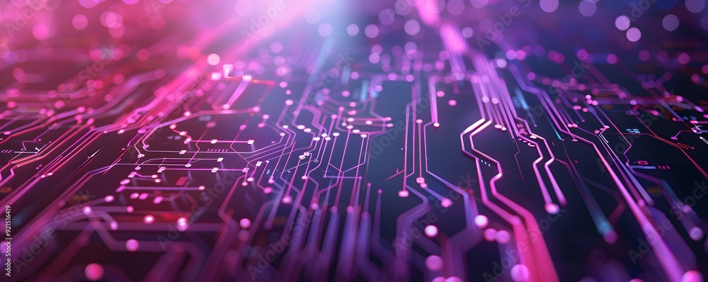 Poster abstract circuit board with glowing pink lines and bokeh