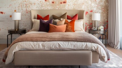 Peaceful bedroom featuring a plush upholstered bed, a variety of colorful throw pillows, minimalist nightstands, and a statement artistic wallpaper wall
