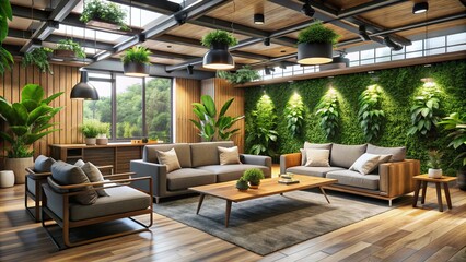 Cozy modern office with plush sofas, rustic wooden accents, and lush greenery, evoking a sense of relaxation and productivity in a serene workspace atmosphere.