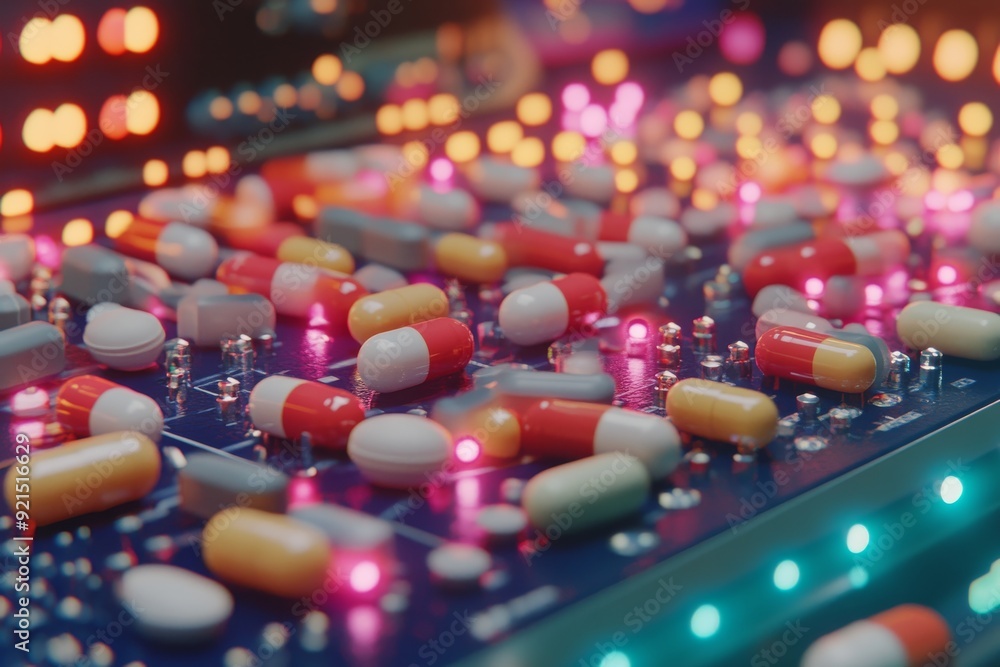 Poster vivid display of colorful pills in rows representing the organized and systematic approach in pharma