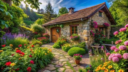 Cozy rustic cottage surrounded by lush greenery and vibrant flowers, with a sunny patio and a meandering stone path, evoking a sense of serene summer tranquility.