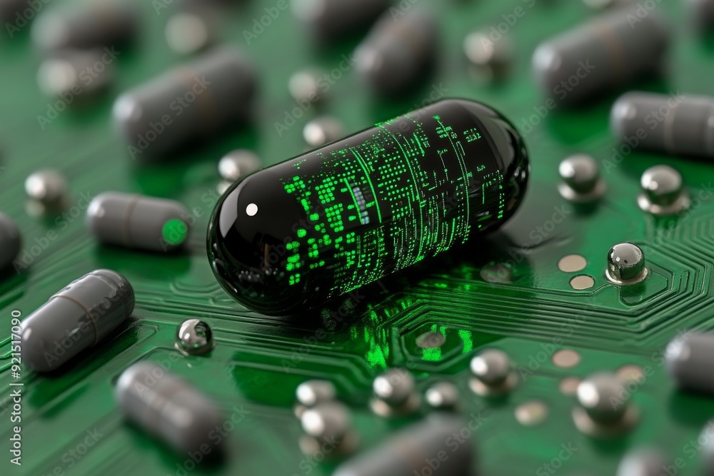 Poster glowing green capsule with digital circuit patterns illustrating the fusion of biotechnology and ele
