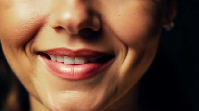 Close up of a woman smiling, showing perfect white teeth and dimples. Her smile conveys happiness and positive emotions