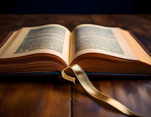 Obraz premium an open hardback book with a silk ribbon bookmark delicately placed between the pages. The book should be lying on a wooden table, with the focus on the bookmark's texture and the slightly worn pages