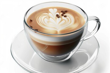 Close-up 3D render of a cappuccino coffee glass cup with intricate latte art, set against a white background, showcasing a detailed and artistic coffee design in a high-resolution style.