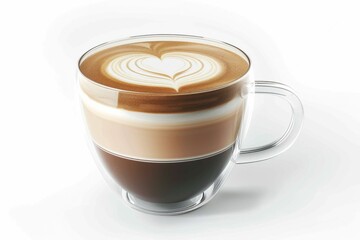 Close-up 3D render of a cappuccino coffee glass cup with intricate latte art, set against a white background, showcasing a detailed and artistic coffee design in a high-resolution style.