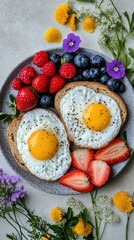 Breakfast spread with eggs, toast, and fruit, Monday morning, healthy and delicious