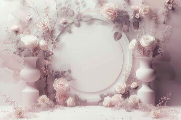 Elegant large blank canvas with roses and vases, soft pastel background with delicate lighting, featuring a pink color scheme and delicate textures, creating a refined and natural beauty atmosphere.