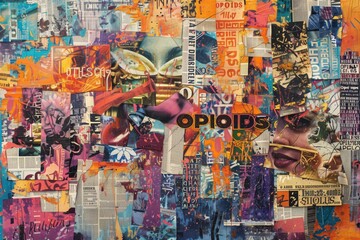 "OPIOIDS" bold text in the middle of A Grunge abstract background with old torn posters