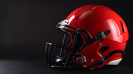 Fototapeta premium Side View of Red Football Helmet: Side view of a red American football helmet against a black 