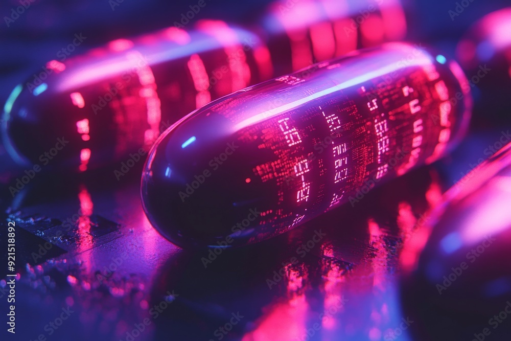 Poster digital pills glowing on a tech inspired background representing the seamless integration of technol