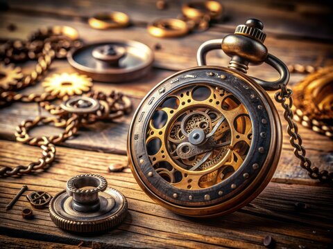 A vintage pocket watch lies open on a rustic wooden table, surrounded by scattered clockwork gears and mechanical parts, evoking a sense of nostalgia and forgotten time.