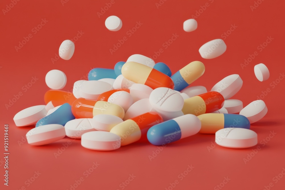 Poster array of pharmaceutical pills on a vibrant red background emphasizing the urgency and importance of 