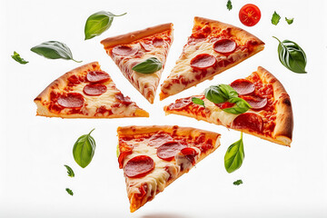 Pizza slices flying, isolated on white background. Delicious peperoni pizza slices pepperonis and olives, floating pizza pieces with melting cheese with basil leaves flying. Italian style pizza slices